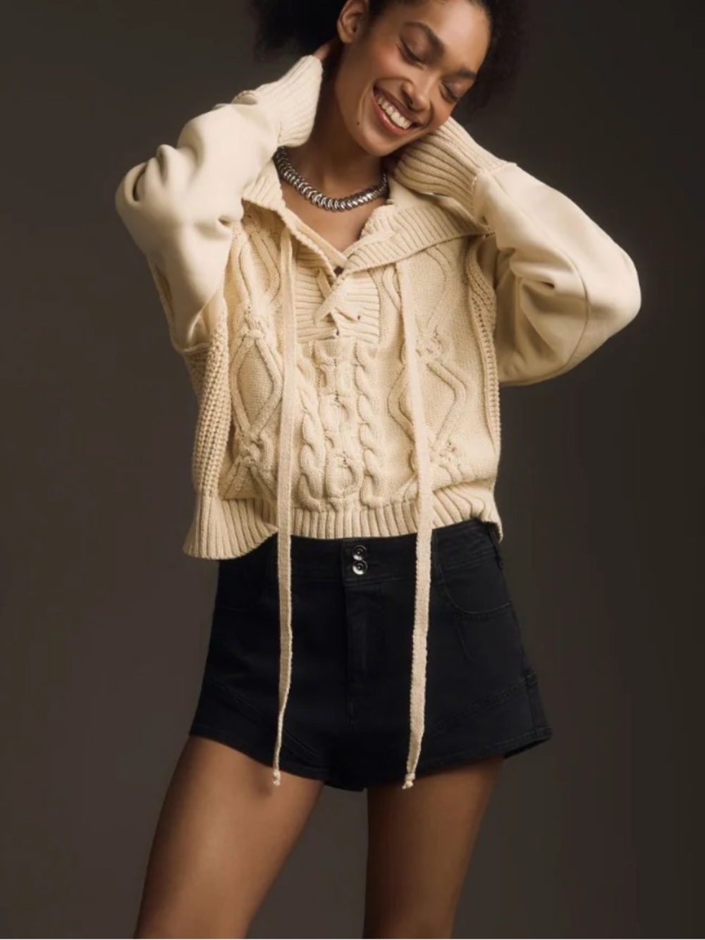 Pilcro Cream Cable-Knit Hooded Pullover Sweater